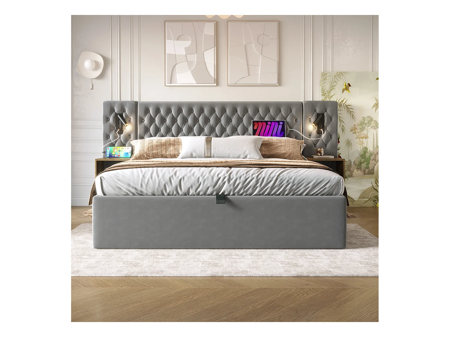 Lit double 180×200 cm en velours gris avec 2 tables de nuit et éclairage USB intégré