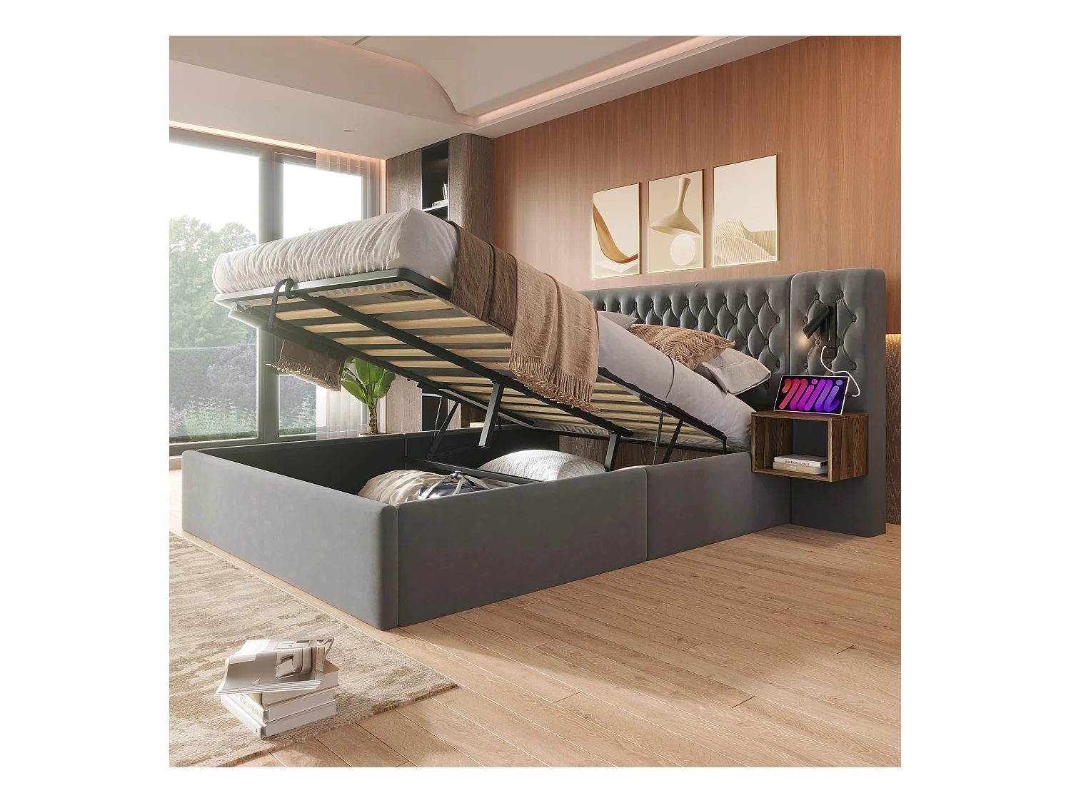 Lit double 180×200 cm en velours gris avec 2 tables de nuit et éclairage USB intégré