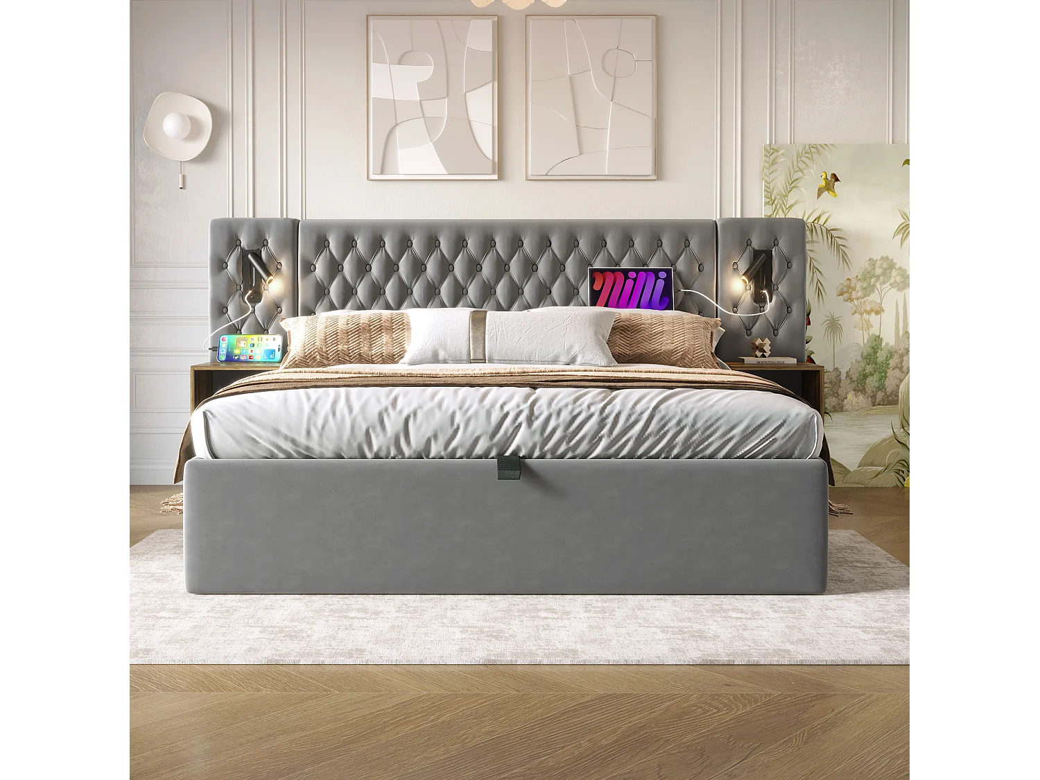 Lit double 180×200 cm en velours gris avec 2 tables de nuit et éclairage USB intégré