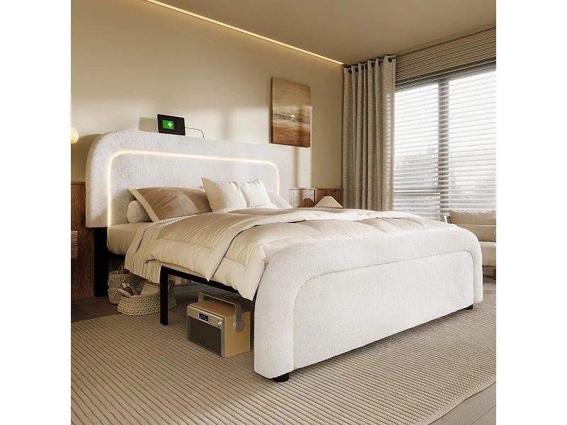 Lit double 160x200 cm avec fonction de chargement USB Type-C et éclairage LED, tête de lit réglable, blanc