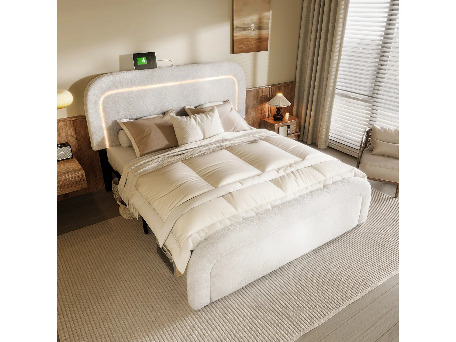 Lit double 160x200 cm avec fonction de chargement USB Type-C et éclairage LED, tête de lit réglable, blanc