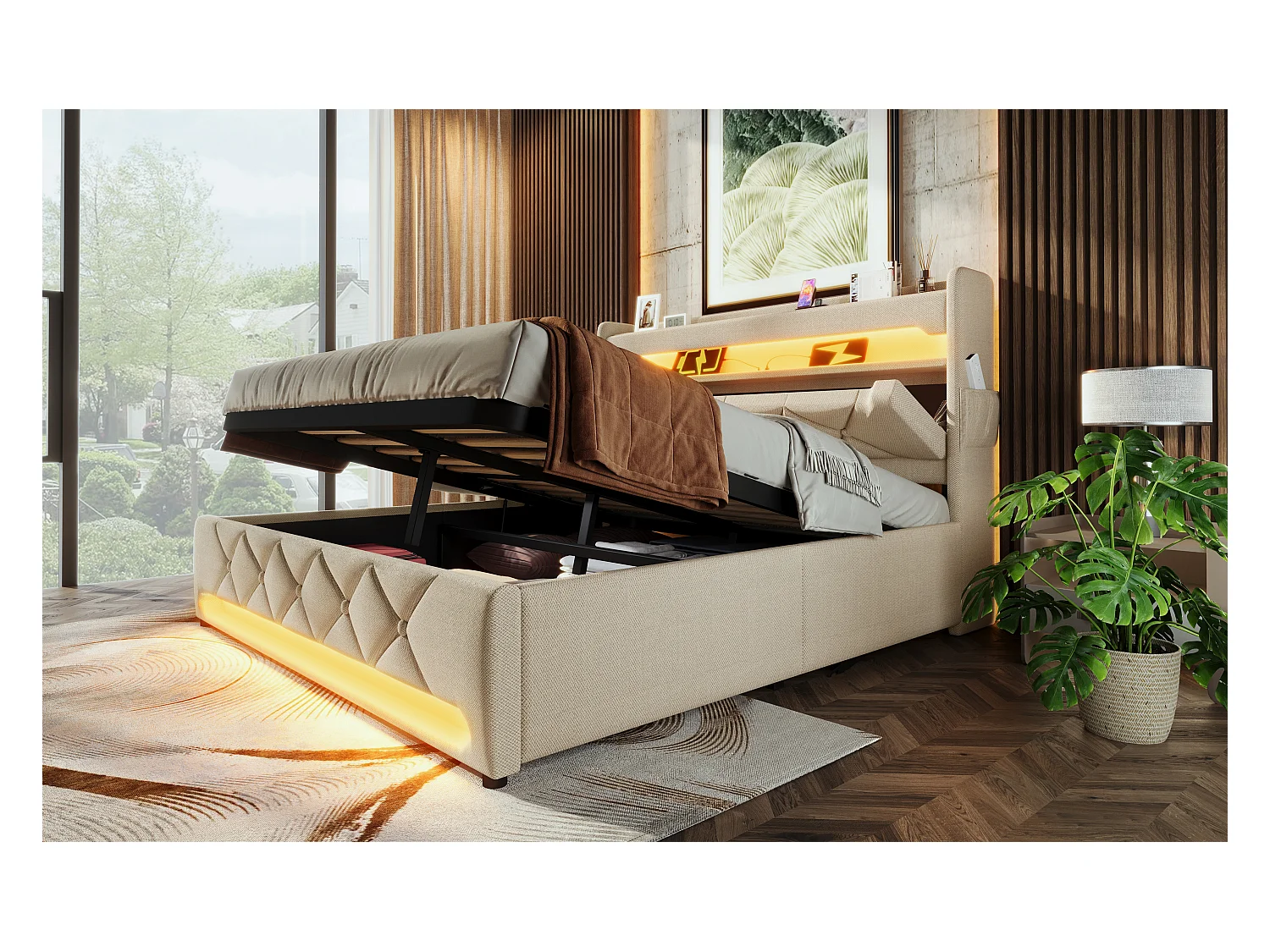 Lit double 160×200 cm en lin beige avec tête de lit de rangement et ports USB