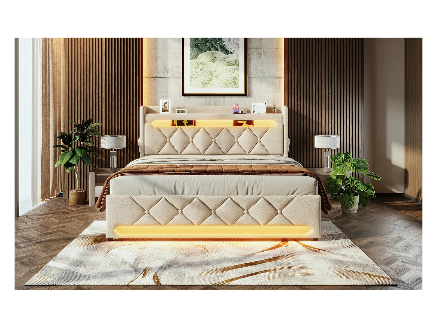 Lit double 160×200 cm en lin beige avec tête de lit de rangement et ports USB