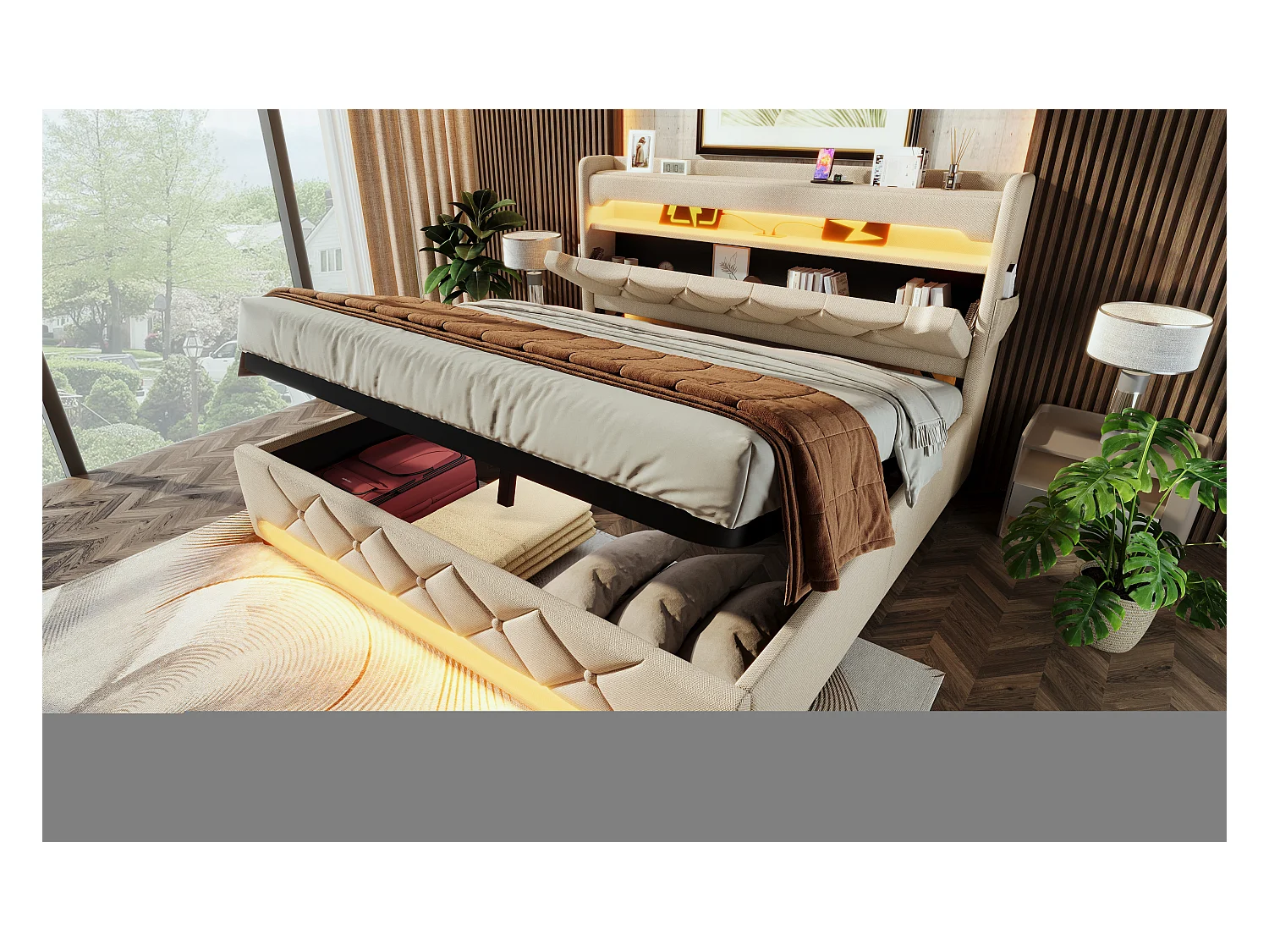 Lit double 160×200 cm en lin beige avec tête de lit de rangement et ports USB