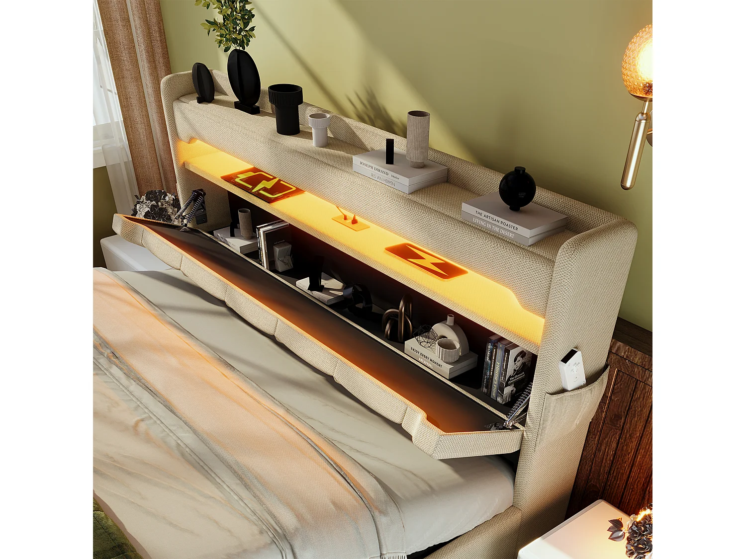 Lit double 160×200 cm en lin beige avec tête de lit de rangement et ports USB