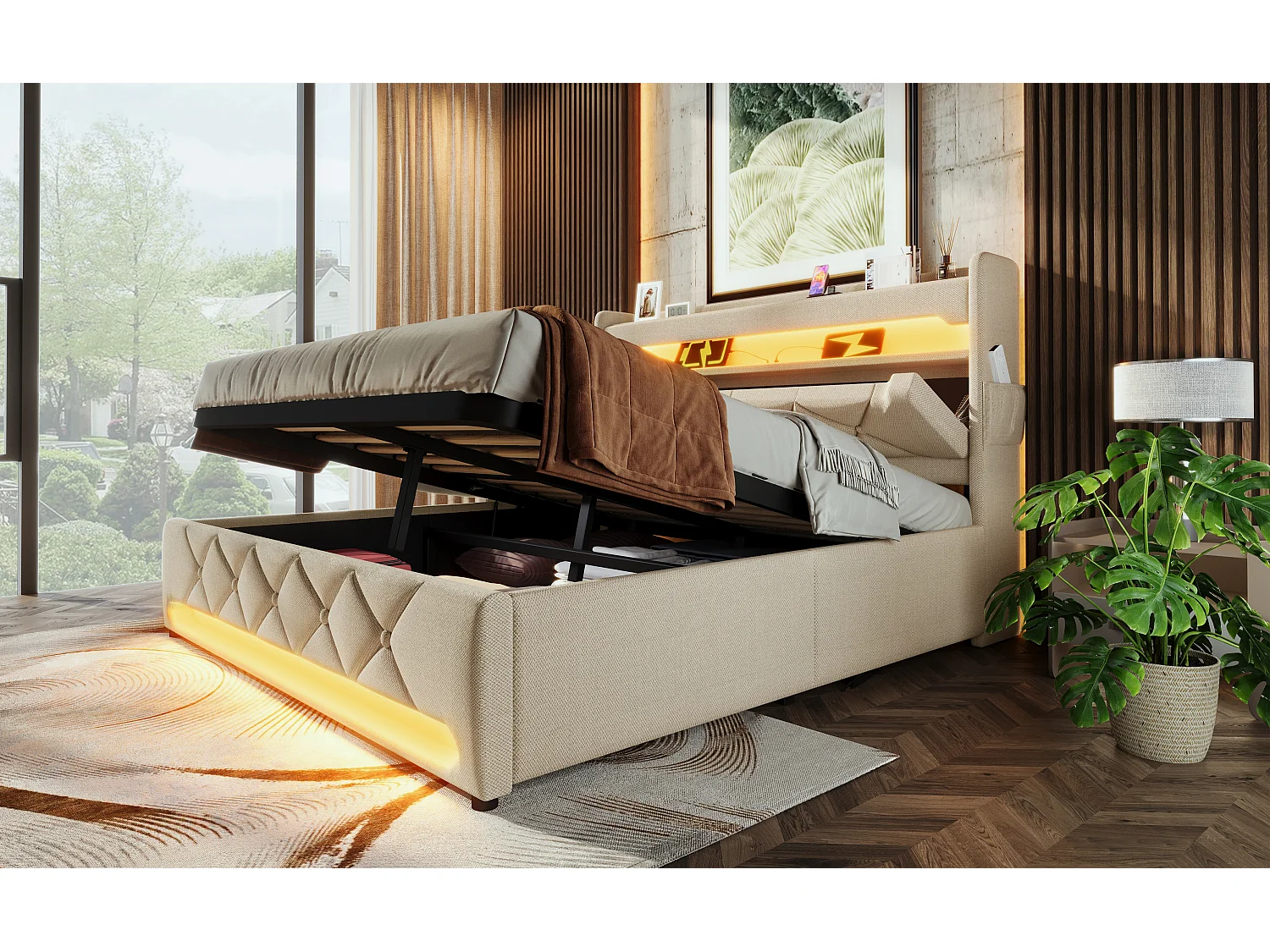 Lit double 160×200 cm en lin beige avec tête de lit de rangement et ports USB