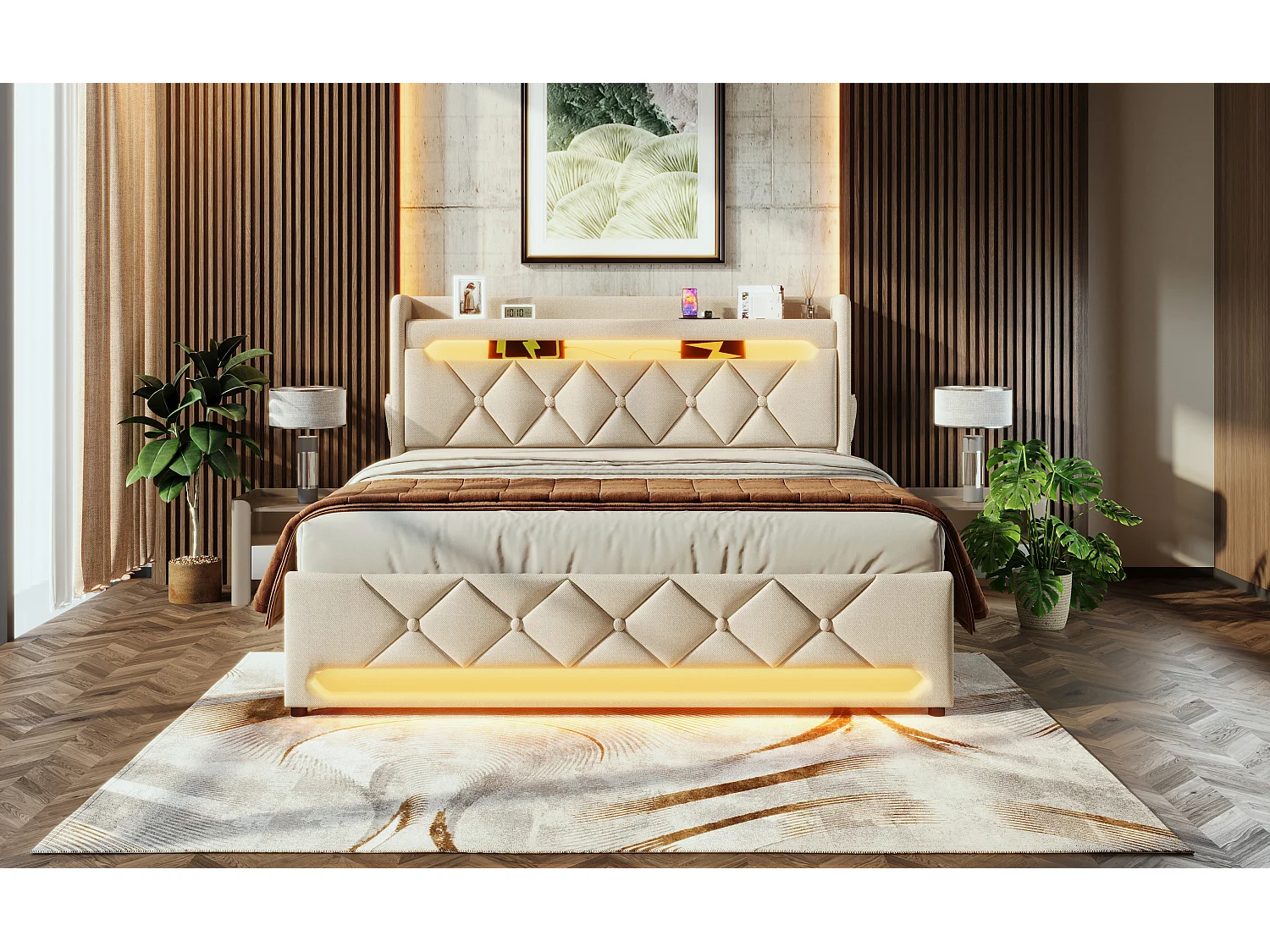 Lit double 160×200 cm en lin beige avec tête de lit de rangement et ports USB