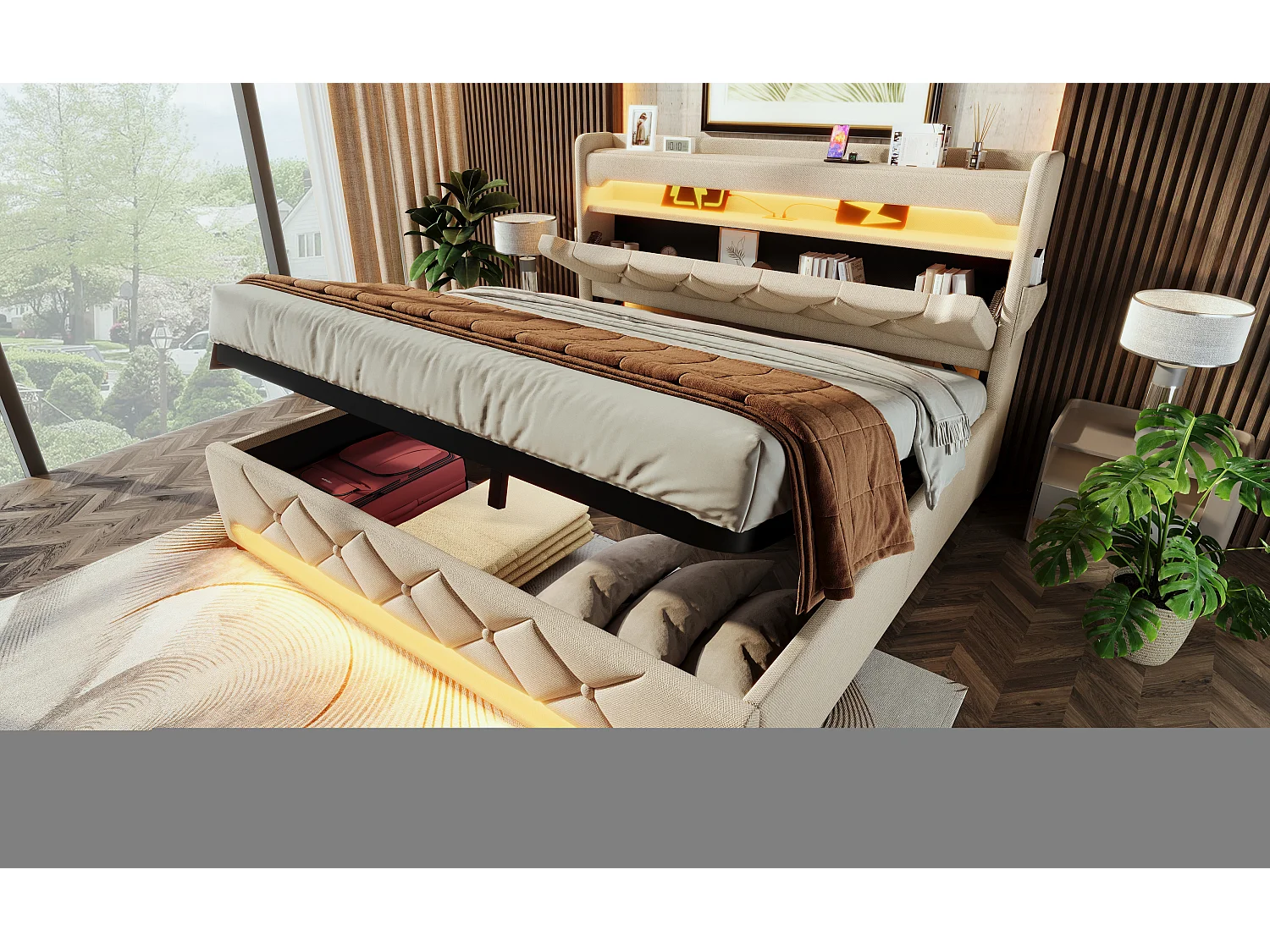 Lit double 160×200 cm en lin beige avec tête de lit de rangement et ports USB