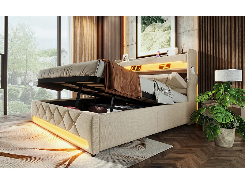 Lit double 160×200 cm en lin beige avec tête de lit de rangement et ports USB