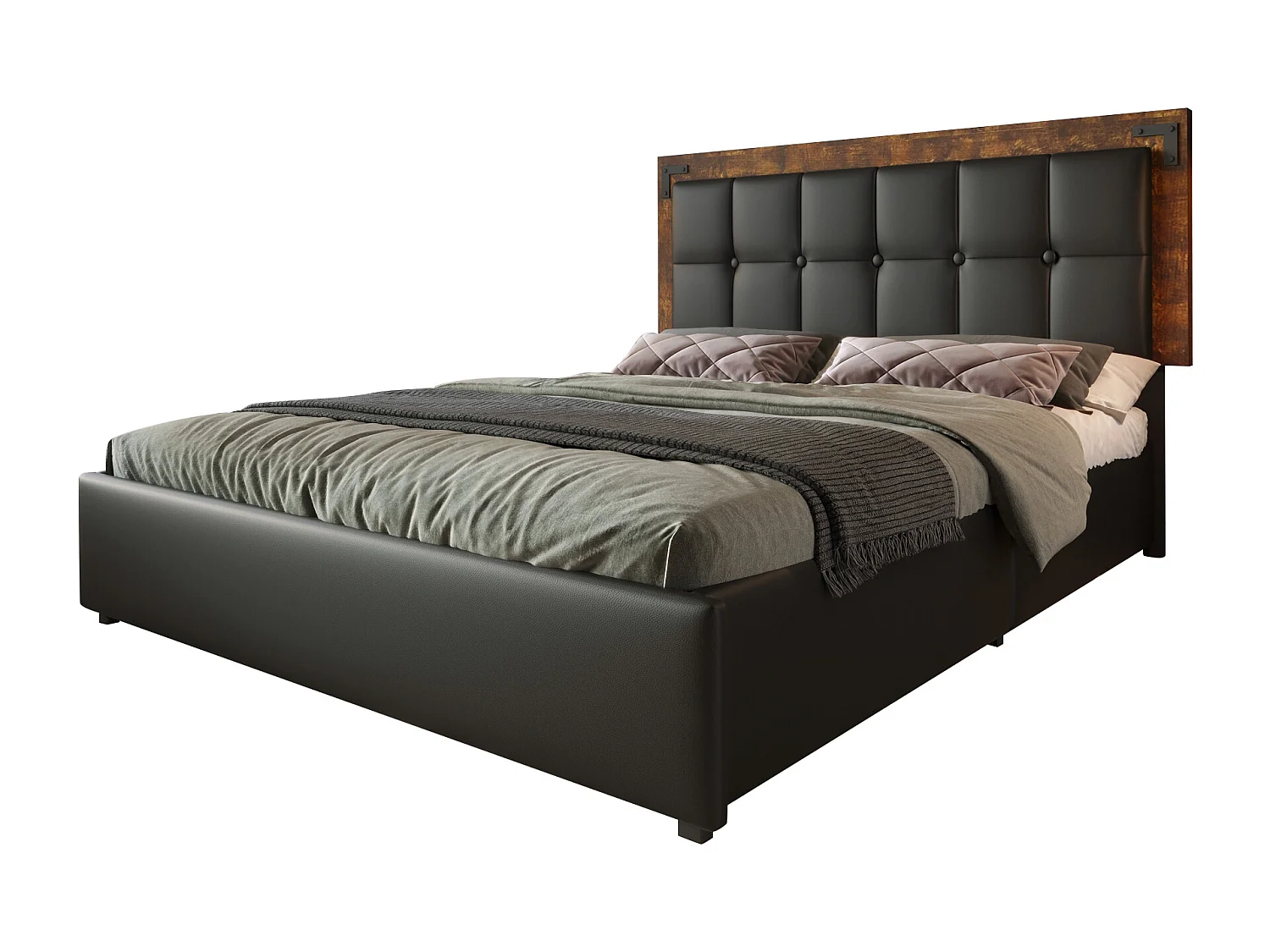 Lit double 160x200 cm avec éclairage LED, tête de lit réglable et 4 tiroirs, PU Noir