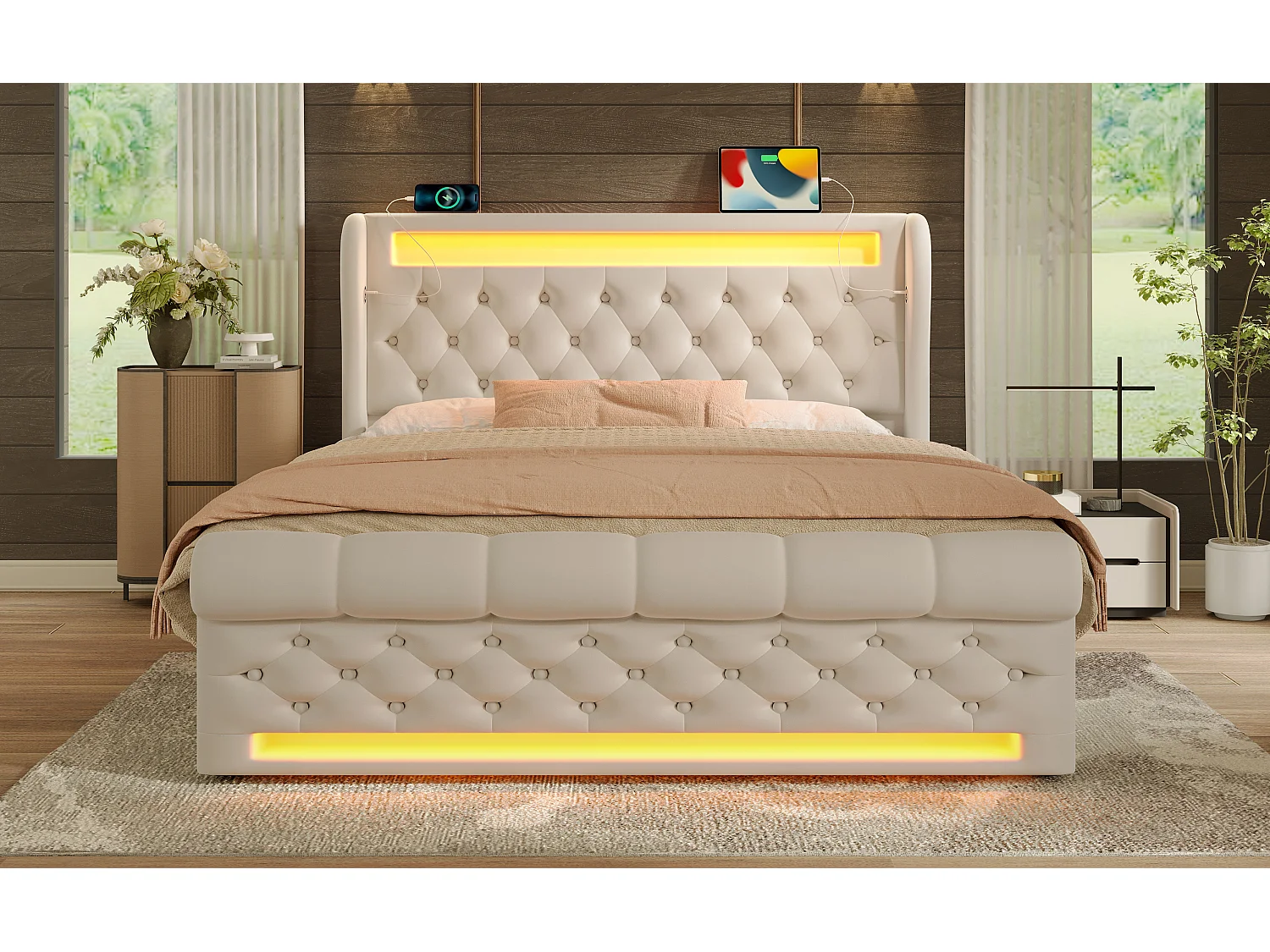 Lit moderne 160x200 cm en velours beige avec éclairage LED et rangement pratique