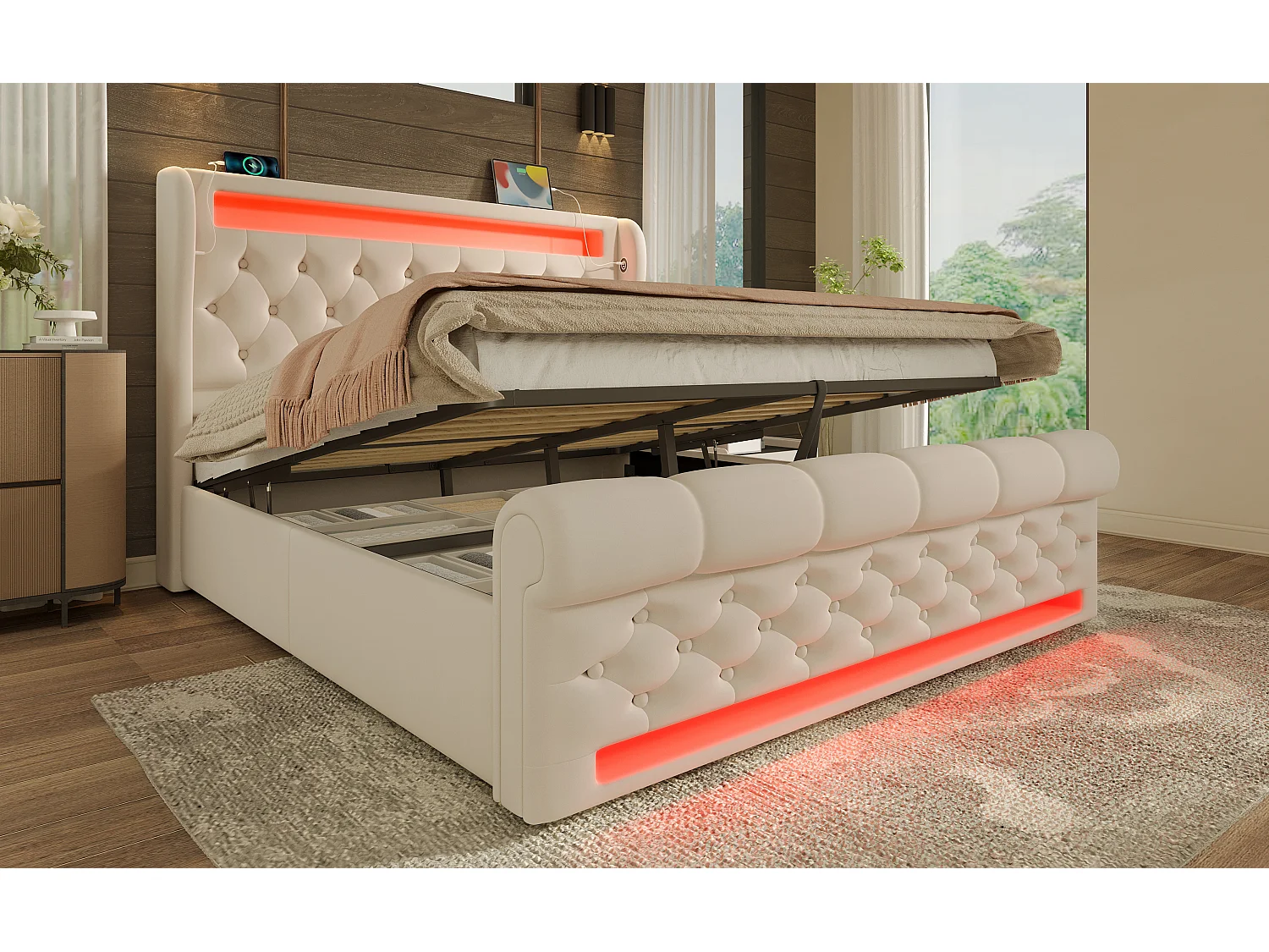 Lit moderne en velours beige 140x200 cm avec éclairage LED et tête de lit de rangement
