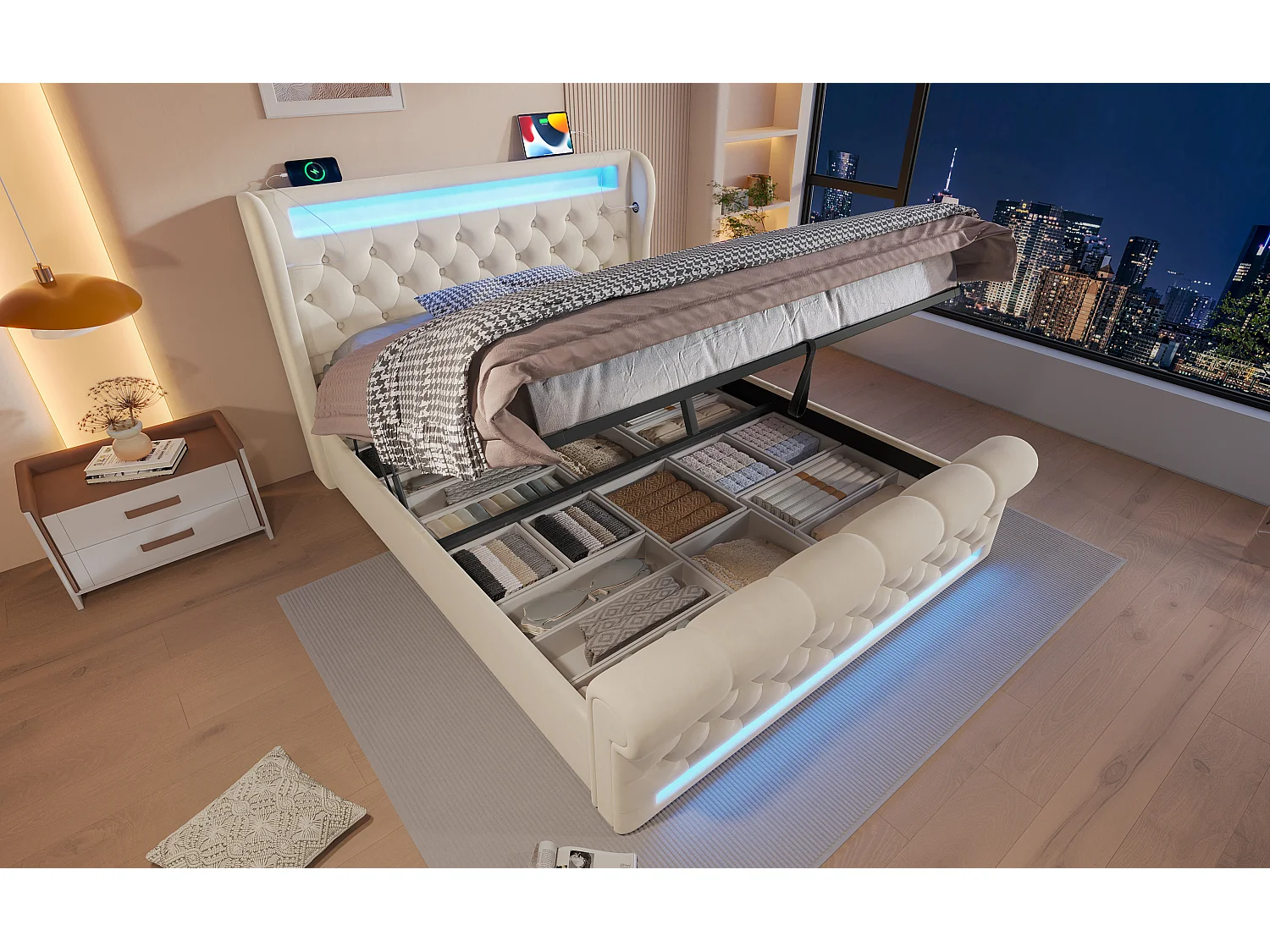 Lit moderne en velours beige 140x200 cm avec éclairage LED et tête de lit de rangement