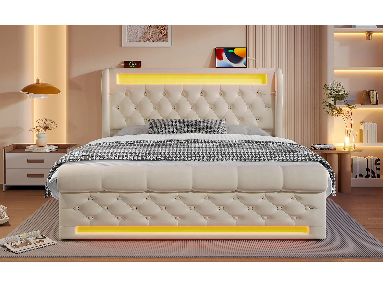 Lit moderne en velours beige 140x200 cm avec éclairage LED et tête de lit de rangement