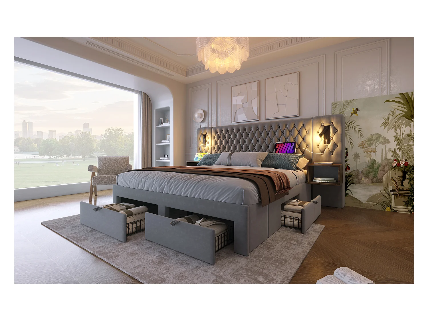 Lit double 180×200 cm en velours gris avec 2 tables de nuit et 4 tiroirs, éclairage USB