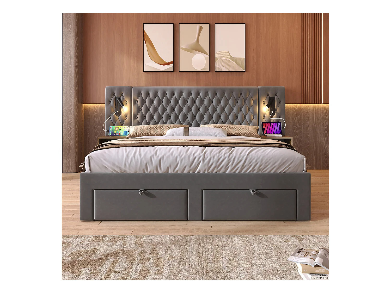 Lit double 180×200 cm en velours gris avec 2 tables de nuit et 4 tiroirs, éclairage USB