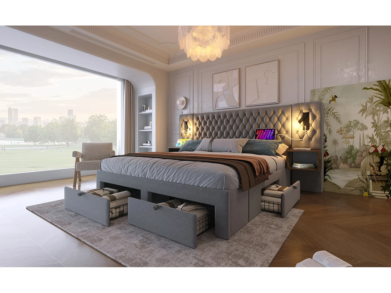 Lit double 180×200 cm en velours gris avec 2 tables de nuit et 4 tiroirs, éclairage USB