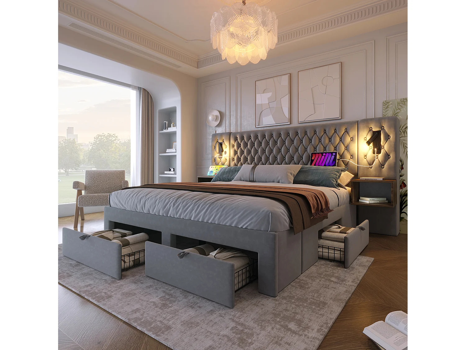 Lit double 180×200 cm en velours gris avec 2 tables de nuit et 4 tiroirs, éclairage USB