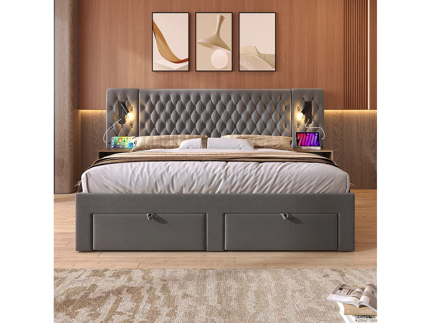 Lit double 180×200 cm en velours gris avec 2 tables de nuit et 4 tiroirs, éclairage USB