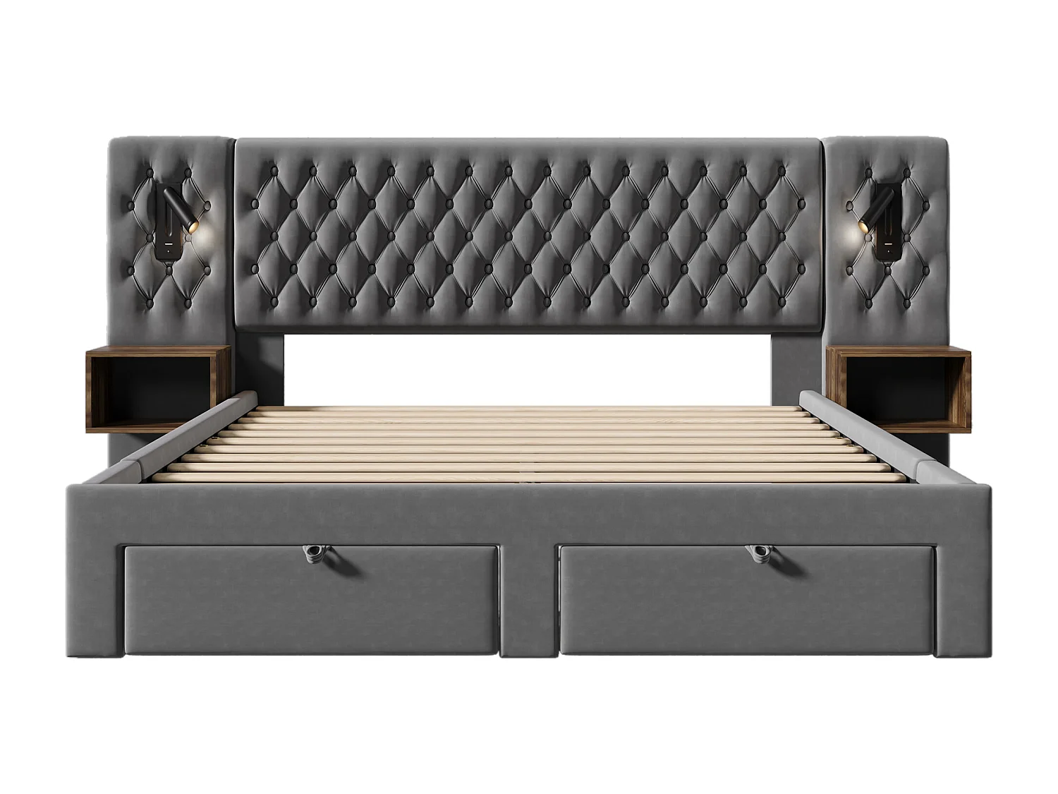Lit double 180×200 cm en velours gris avec 2 tables de nuit et 4 tiroirs, éclairage USB