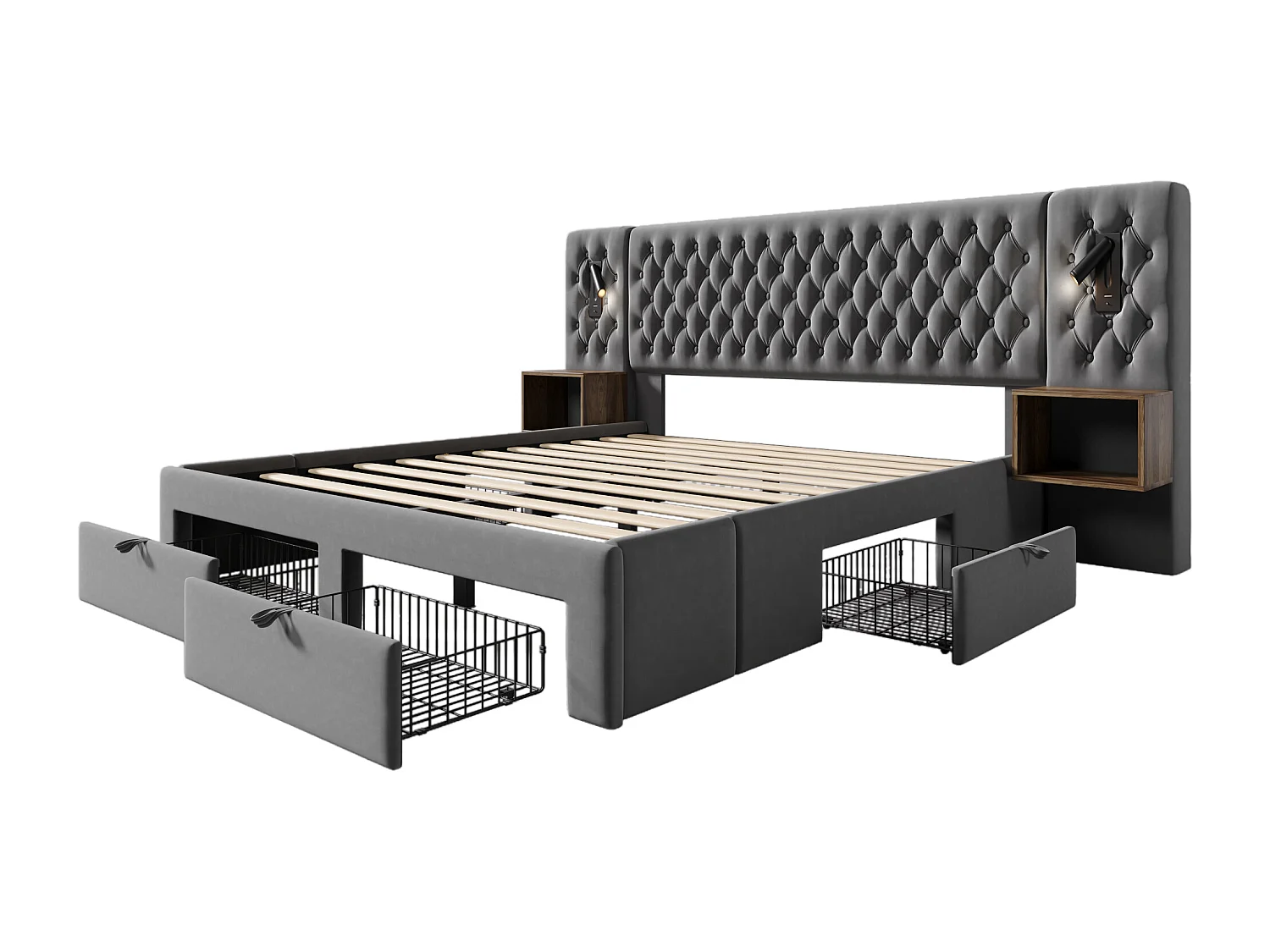 Lit double 180×200 cm en velours gris avec 2 tables de nuit et 4 tiroirs, éclairage USB