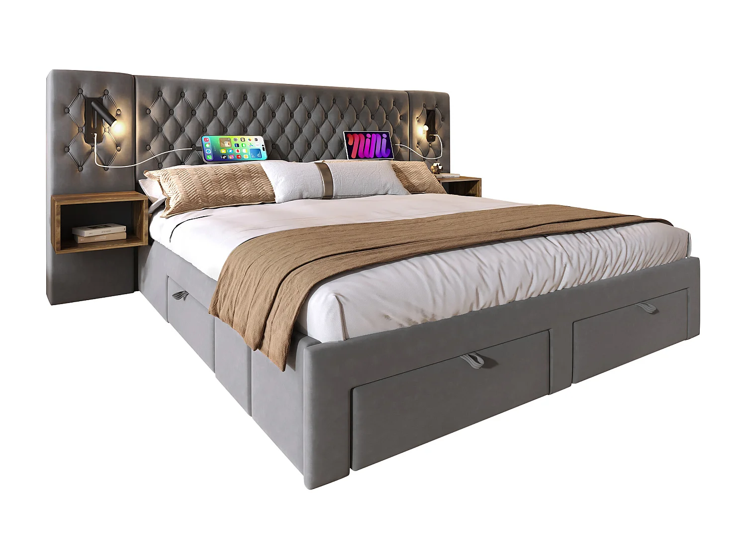 Lit double 180×200 cm en velours gris avec 2 tables de nuit et 4 tiroirs, éclairage USB