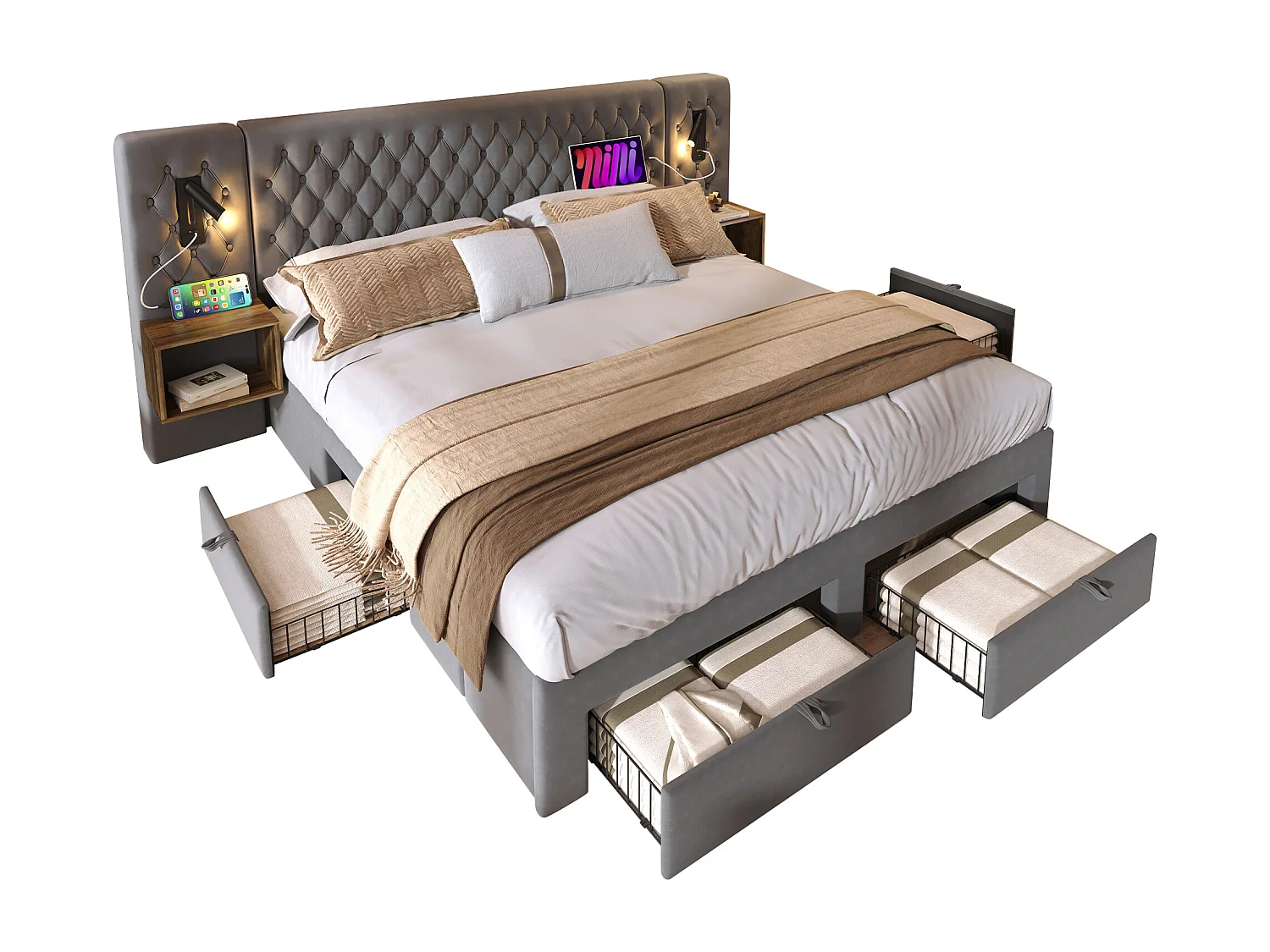 Lit double 180×200 cm en velours gris avec 2 tables de nuit et 4 tiroirs, éclairage USB