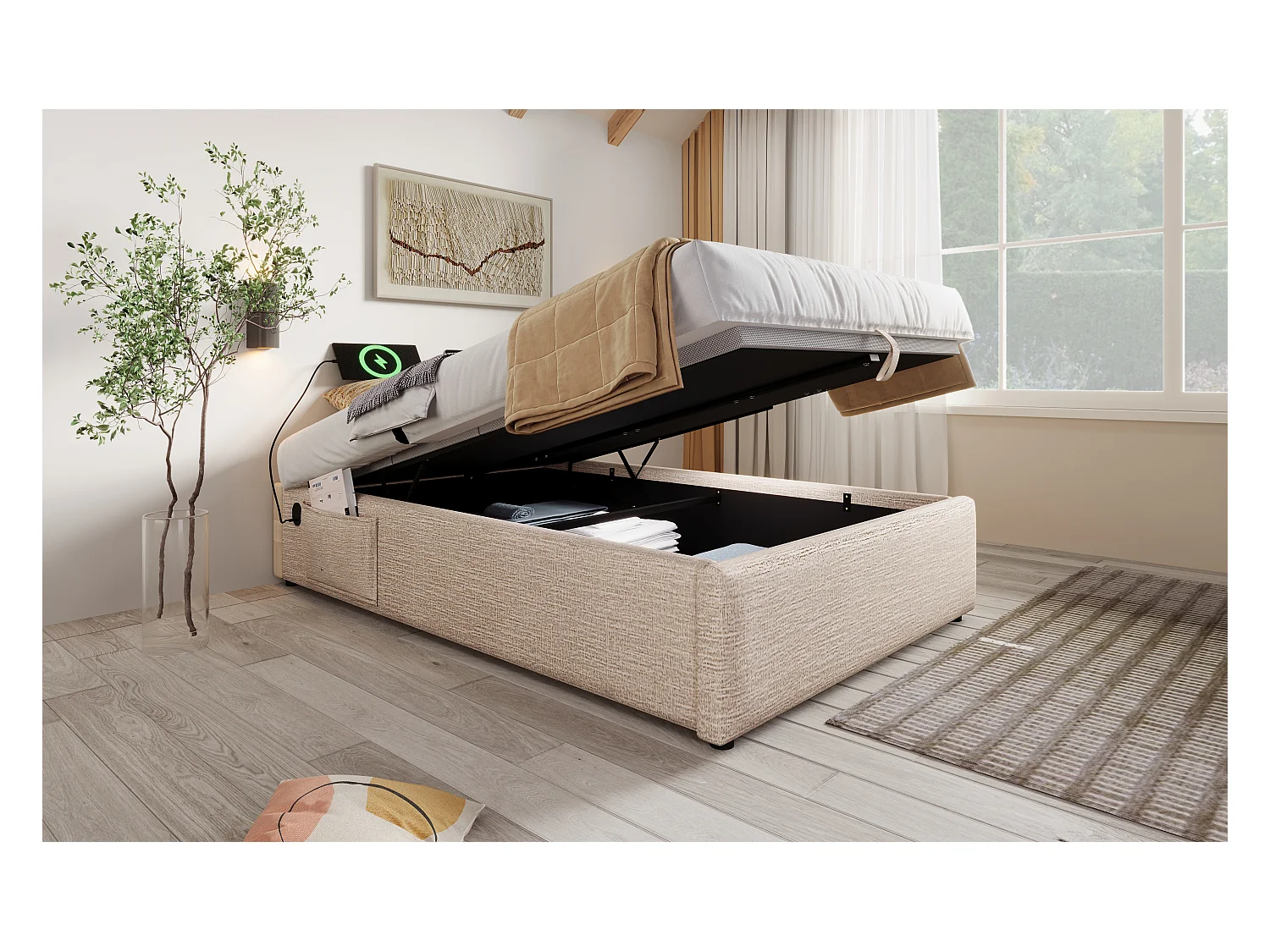 Lit simple 90×200 cm en lin naturel avec rangement hydraulique et ports USB intégrés