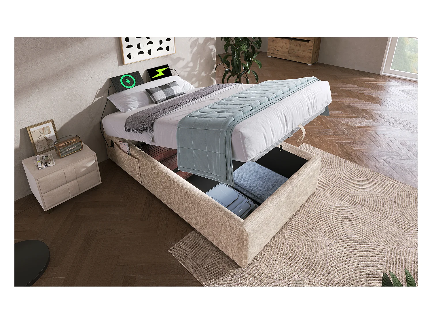 Lit simple 90×200 cm en lin naturel avec rangement hydraulique et ports USB intégrés