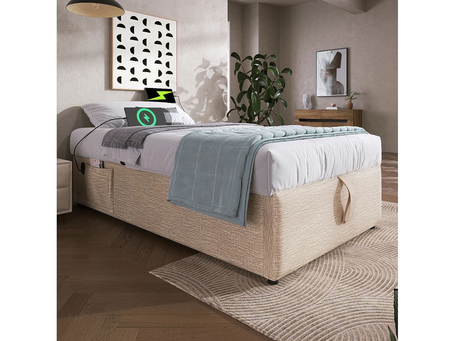 Lit simple 90×200 cm en lin naturel avec rangement hydraulique et ports USB intégrés