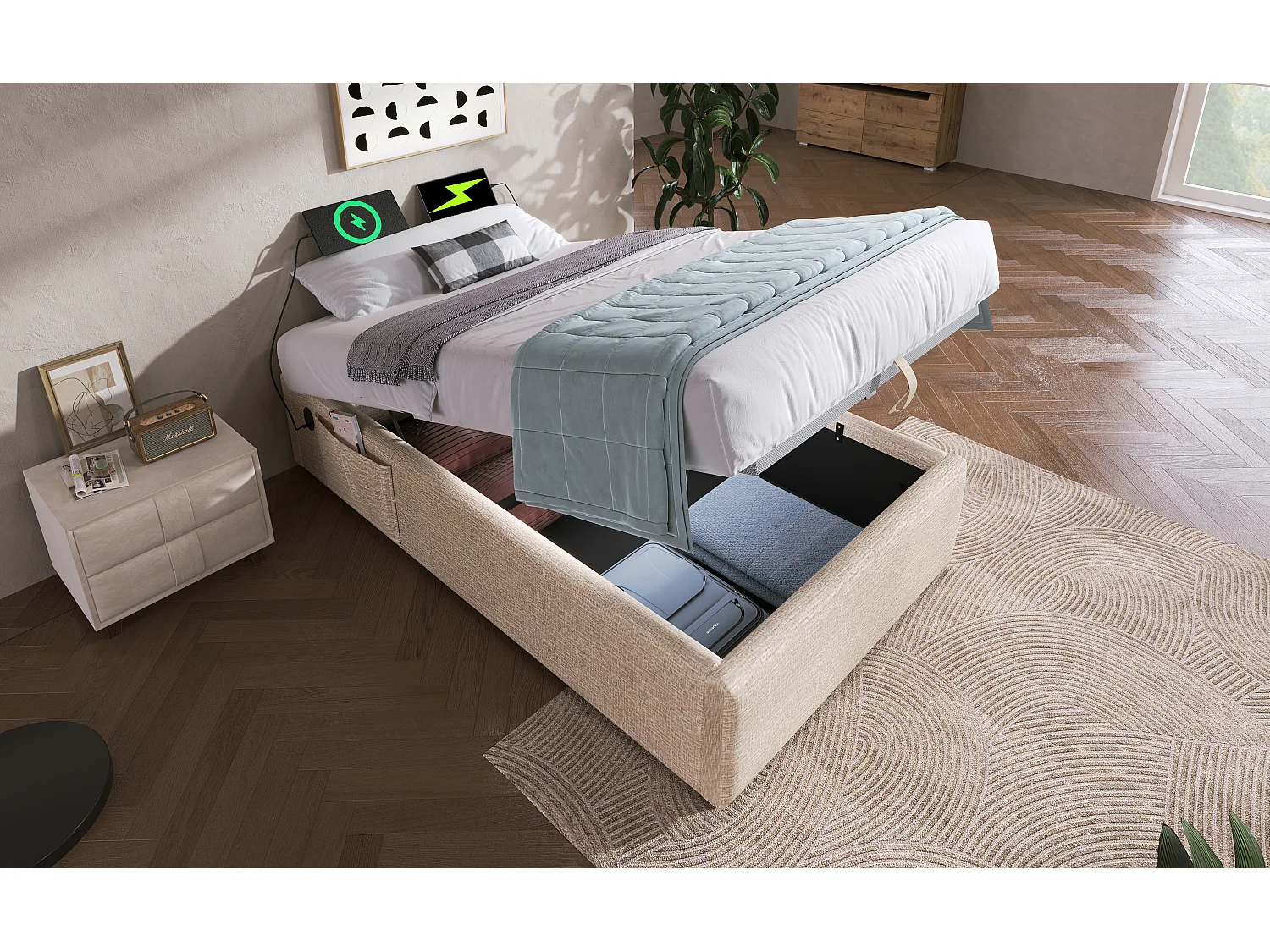 Lit simple 90×200 cm en lin naturel avec rangement hydraulique et ports USB intégrés