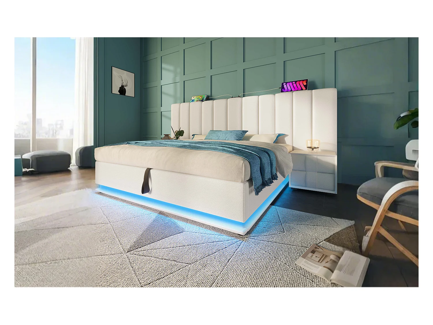 Lit rembourré 180×200 cm, lit double avec fonction de rangement et contrôle LED via app, blanc