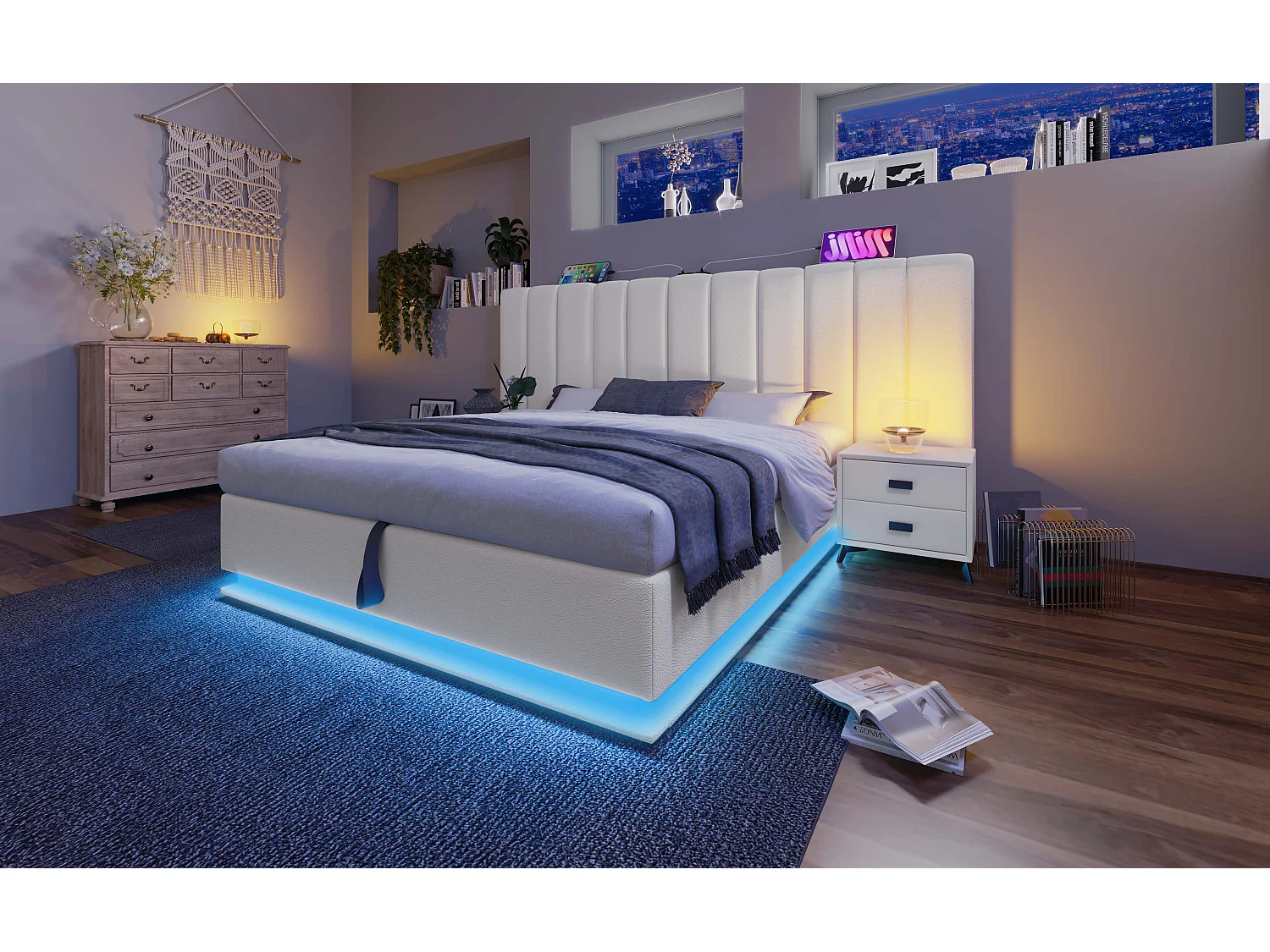 Lit rembourré 180×200 cm, lit double avec fonction de rangement et contrôle LED via app, blanc