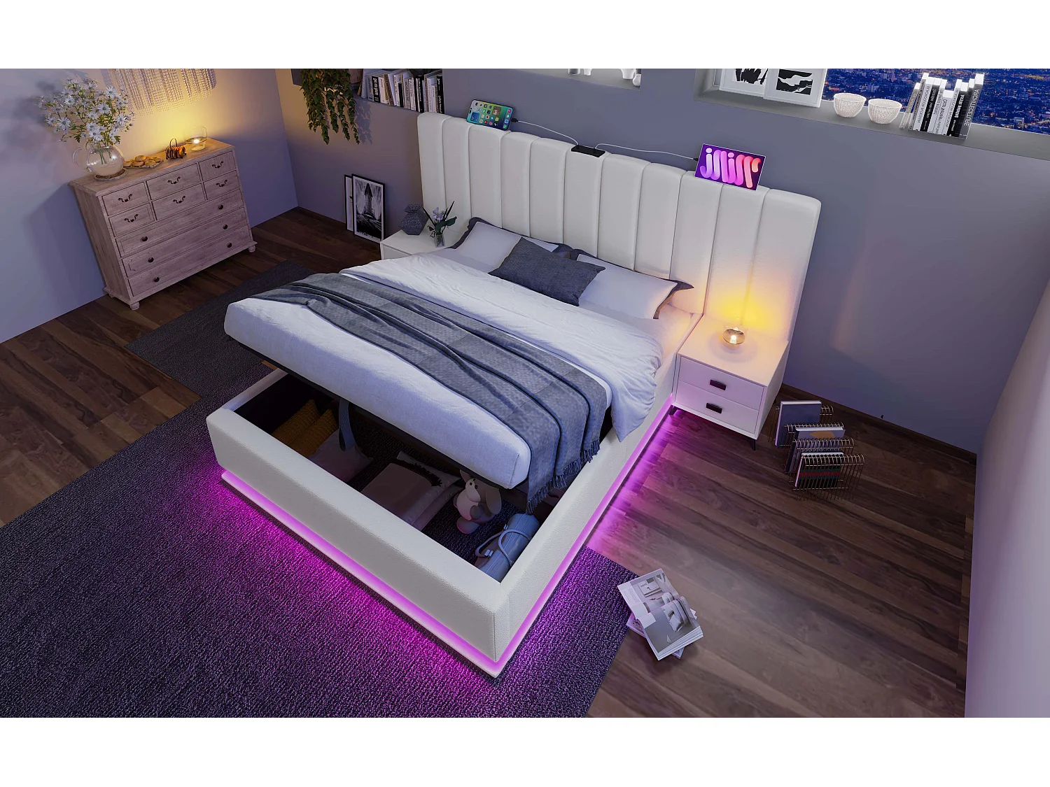 Lit rembourré 180×200 cm, lit double avec fonction de rangement et contrôle LED via app, blanc