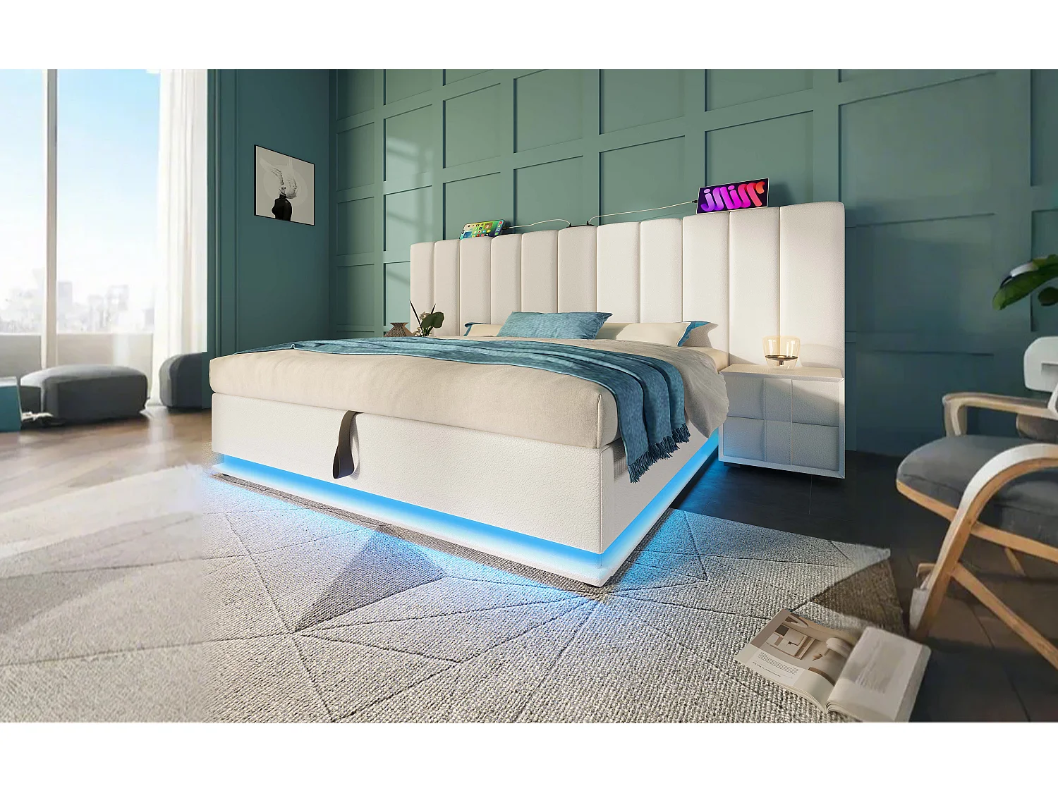 Lit rembourré 180×200 cm, lit double avec fonction de rangement et contrôle LED via app, blanc