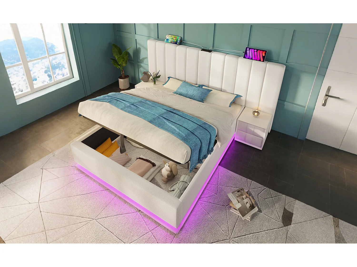 Lit rembourré 180×200 cm, lit double avec fonction de rangement et contrôle LED via app, blanc