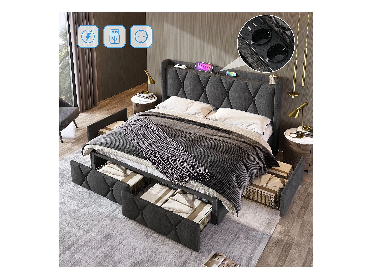 Lit avec rangement 140x200 cm, gris, tête de lit avec prises USB et 4 tiroirs pratiques