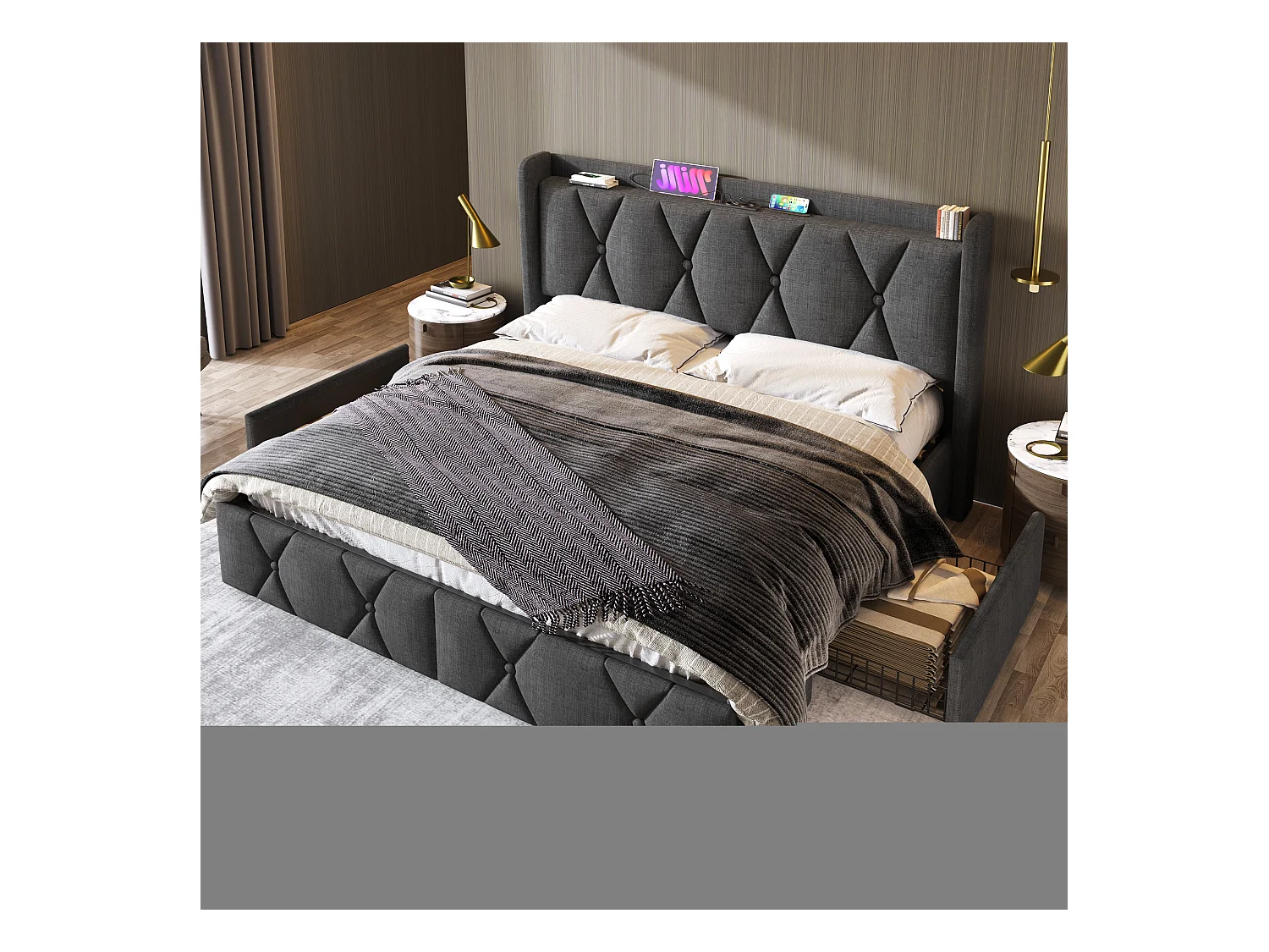 Lit avec rangement 140x200 cm, gris, tête de lit avec prises USB et 4 tiroirs pratiques