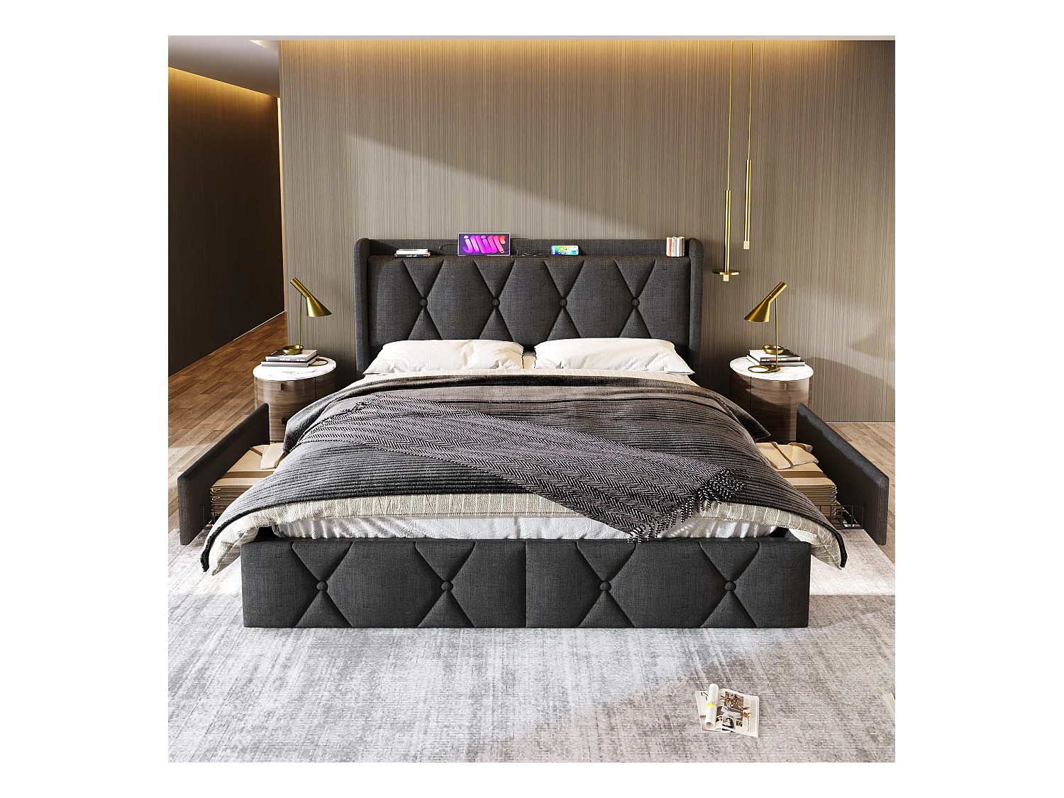 Lit avec rangement 140x200 cm, gris, tête de lit avec prises USB et 4 tiroirs pratiques