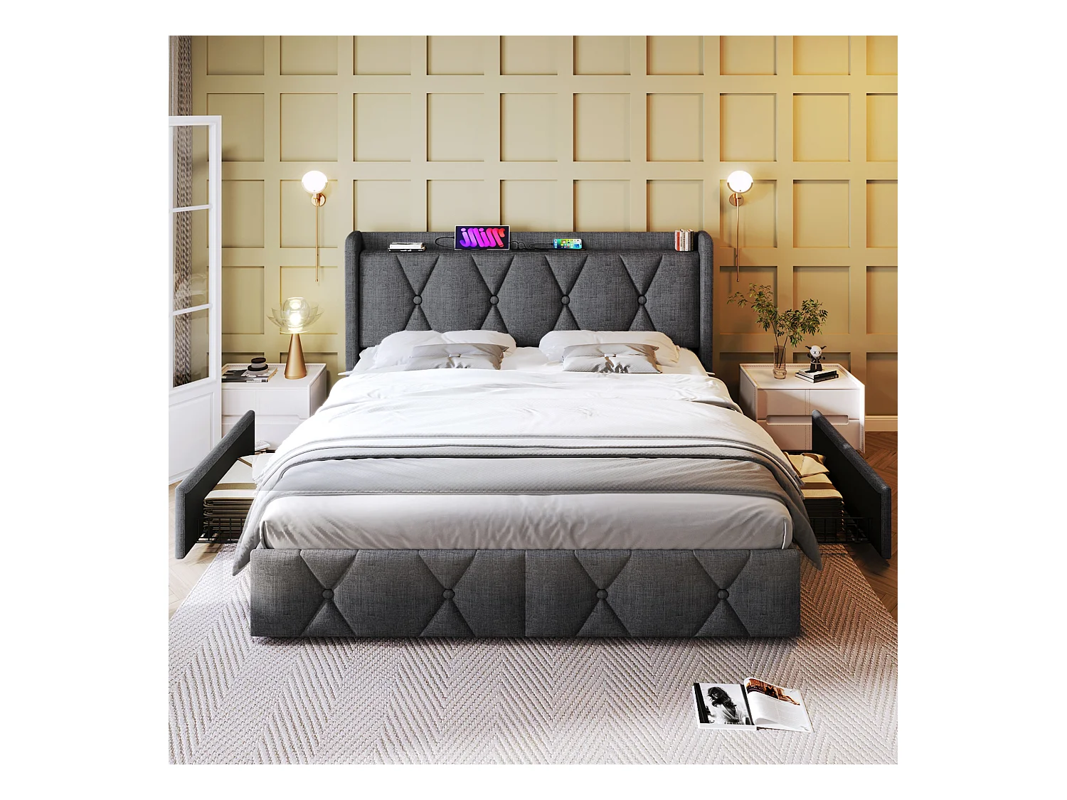 Lit avec rangement 140x200 cm, gris, tête de lit avec prises USB et 4 tiroirs pratiques