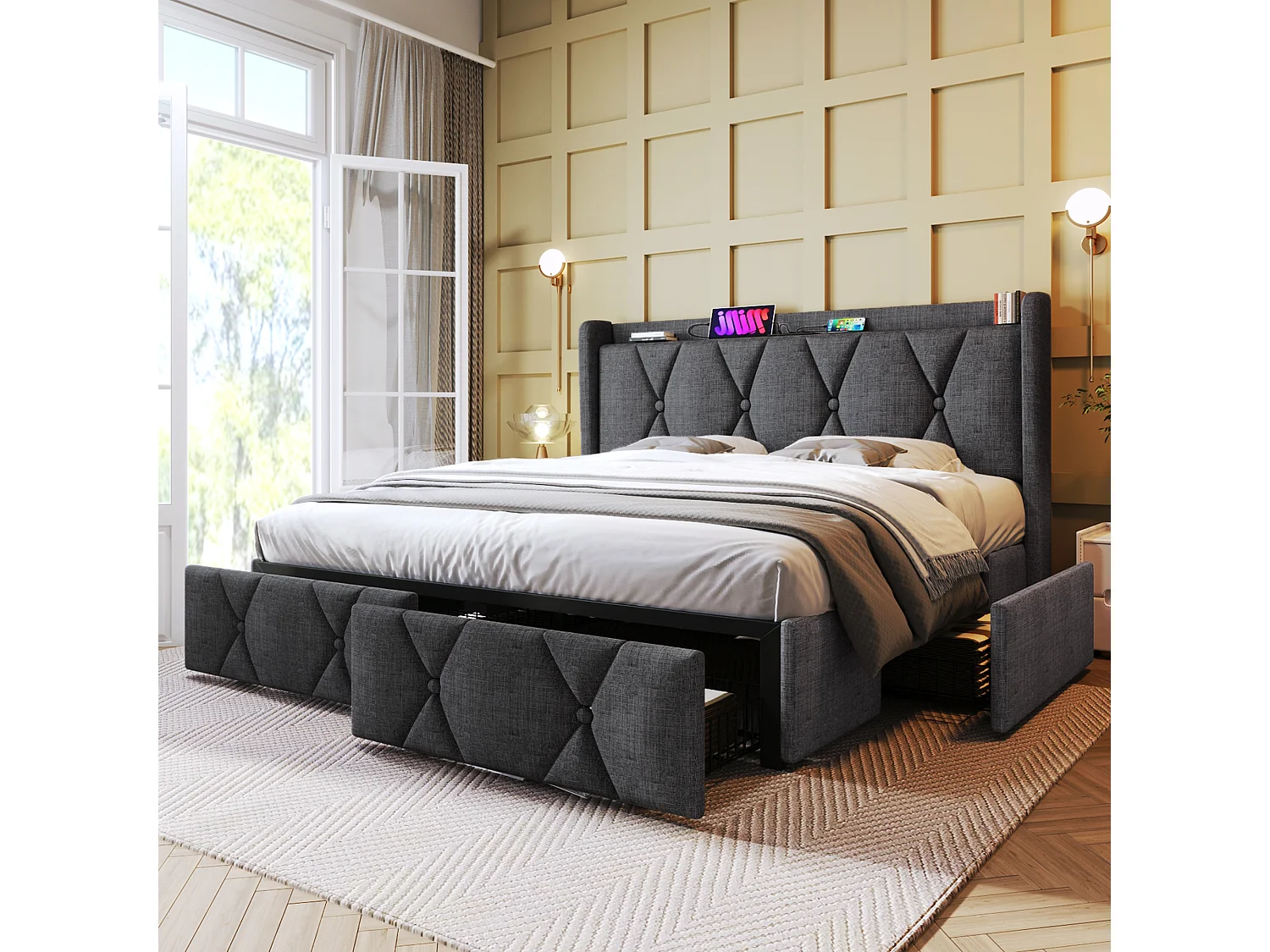 Lit avec rangement 140x200 cm, gris, tête de lit avec prises USB et 4 tiroirs pratiques