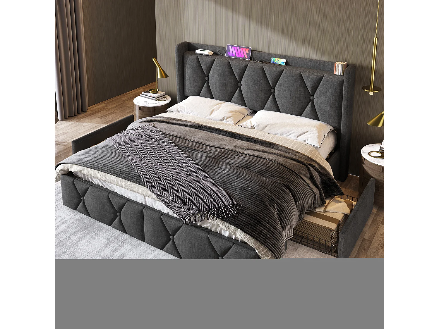 Lit avec rangement 140x200 cm, gris, tête de lit avec prises USB et 4 tiroirs pratiques