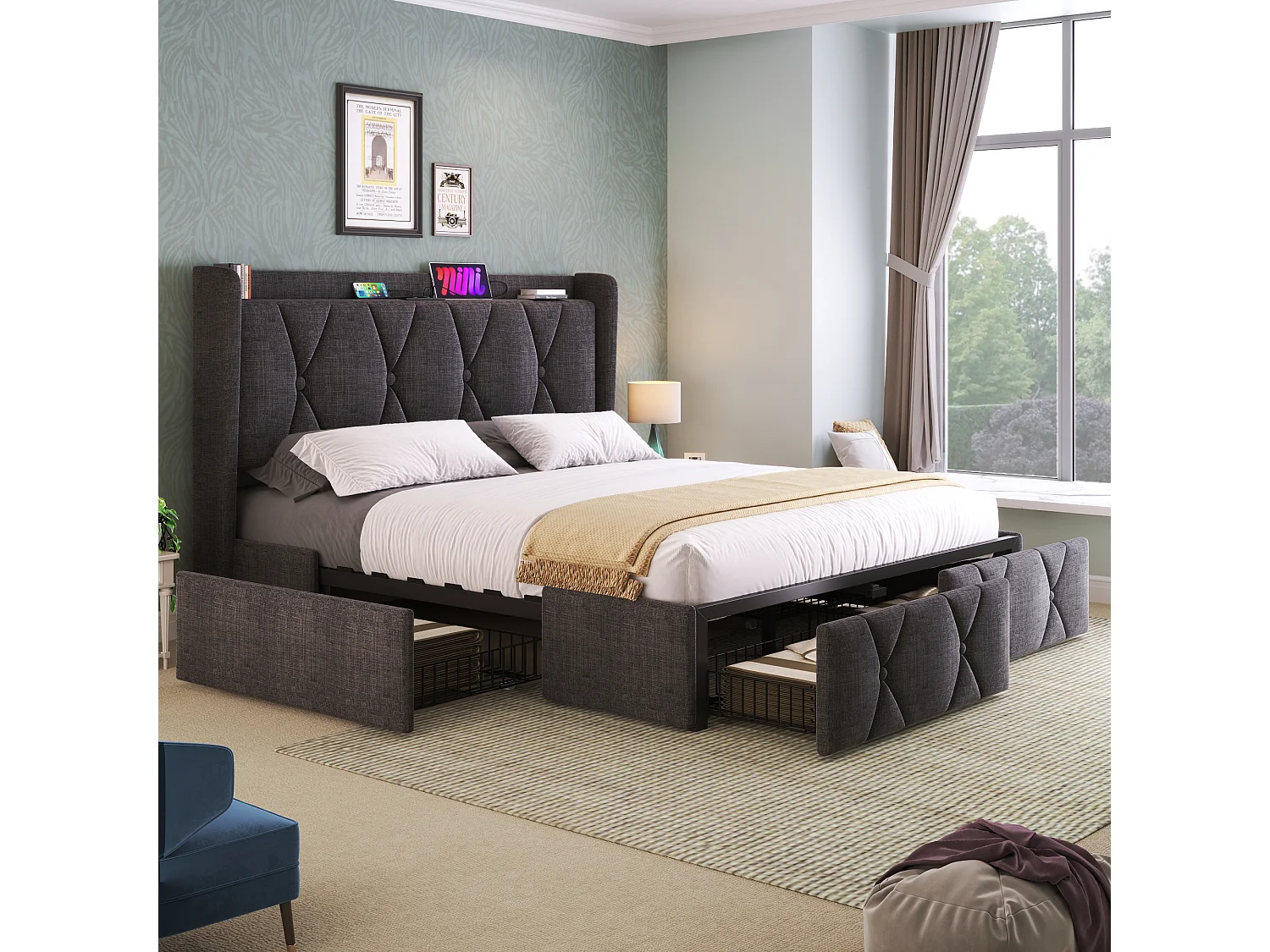 Lit avec rangement 140x200 cm, gris, tête de lit avec prises USB et 4 tiroirs pratiques