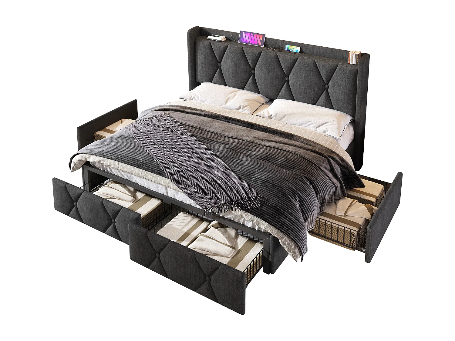 Lit avec rangement 140x200 cm, gris, tête de lit avec prises USB et 4 tiroirs pratiques