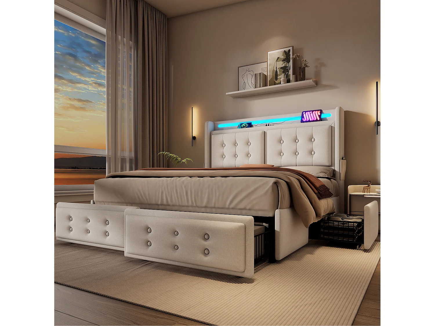 Lit rembourré 140x200 cm, lit double avec tête de lit LED et 4 tiroirs de rangement, beige