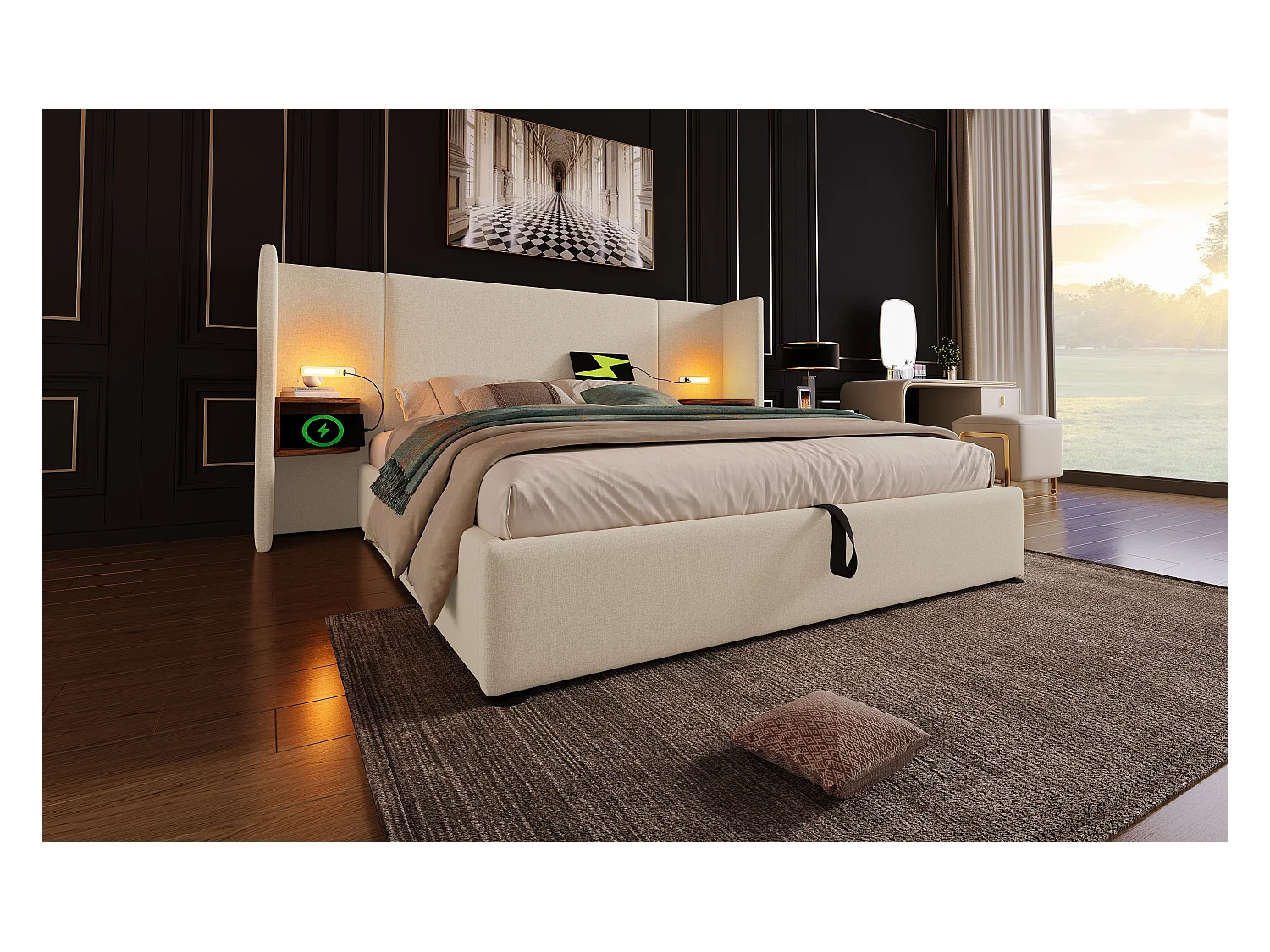 Lit double 160×200 cm avec table de nuit, lampe de lecture et ports USB Type-C, en lin beige