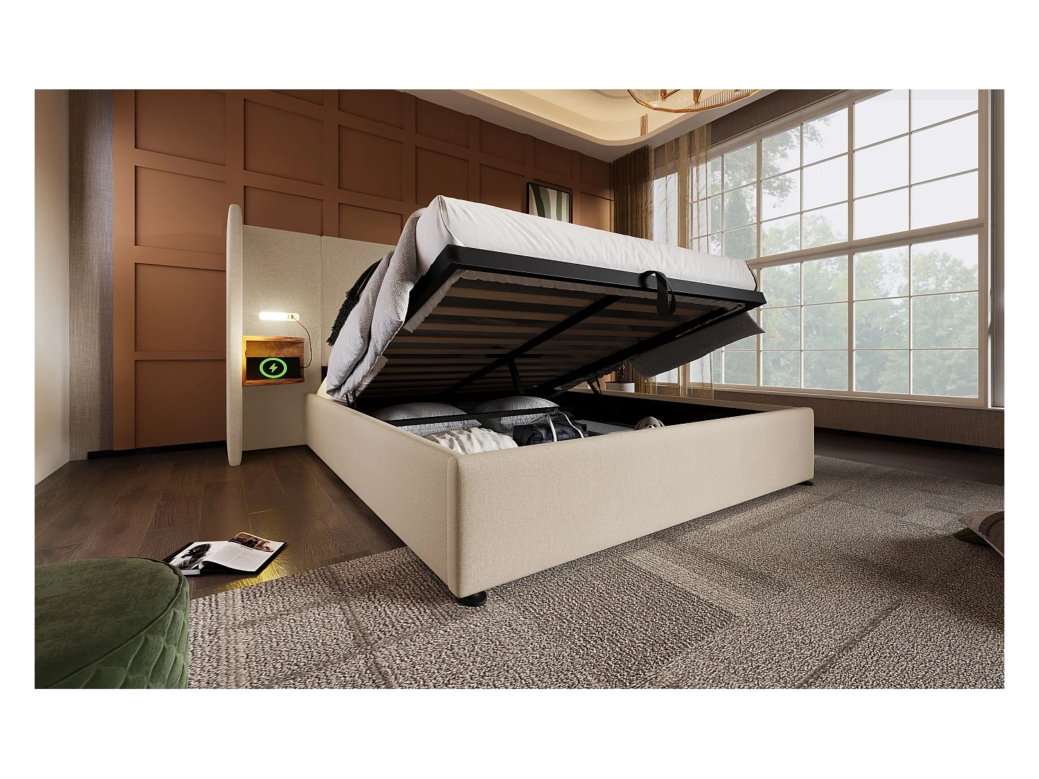 Lit double 160×200 cm avec table de nuit, lampe de lecture et ports USB Type-C, en lin beige