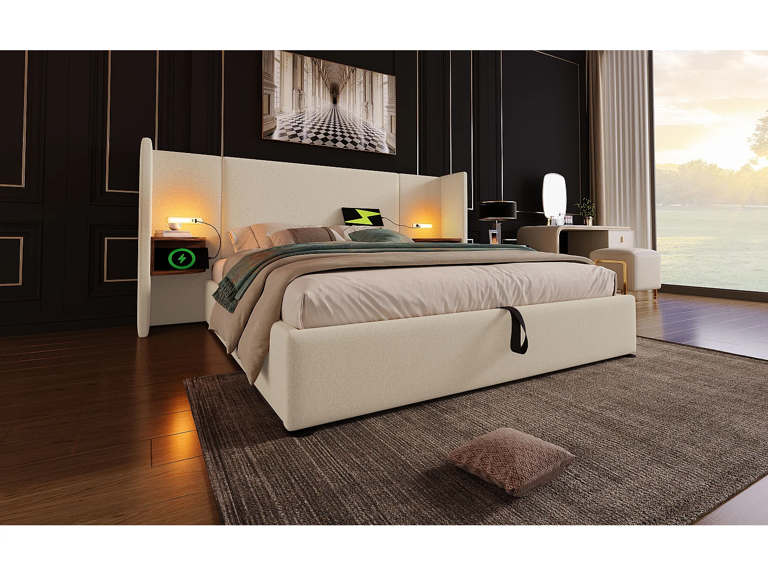 Lit double 160×200 cm avec table de nuit, lampe de lecture et ports USB Type-C, en lin beige