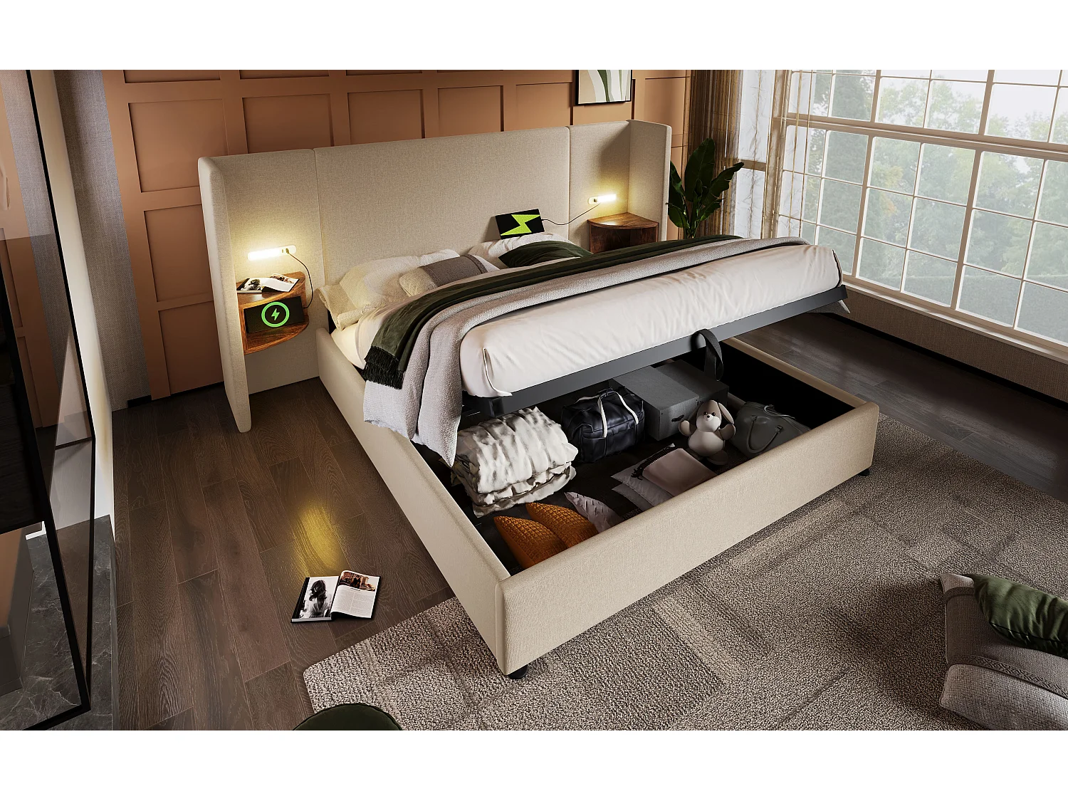 Lit double 160×200 cm avec table de nuit, lampe de lecture et ports USB Type-C, en lin beige