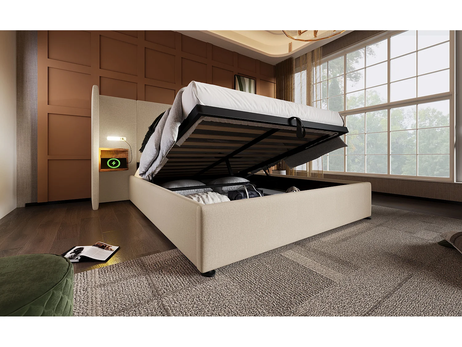 Lit double 160×200 cm avec table de nuit, lampe de lecture et ports USB Type-C, en lin beige